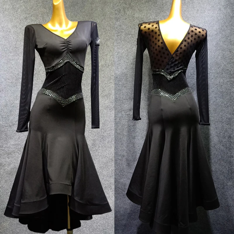 Новые платья для конкурса бальных танцев черного цвета с длинным рукавом вальс