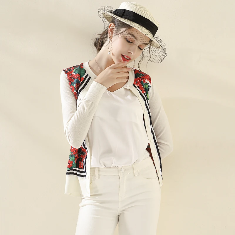 

New 2020 thin printed stitching knitting sweater cardigan socialite long sleeved sweater female temperament