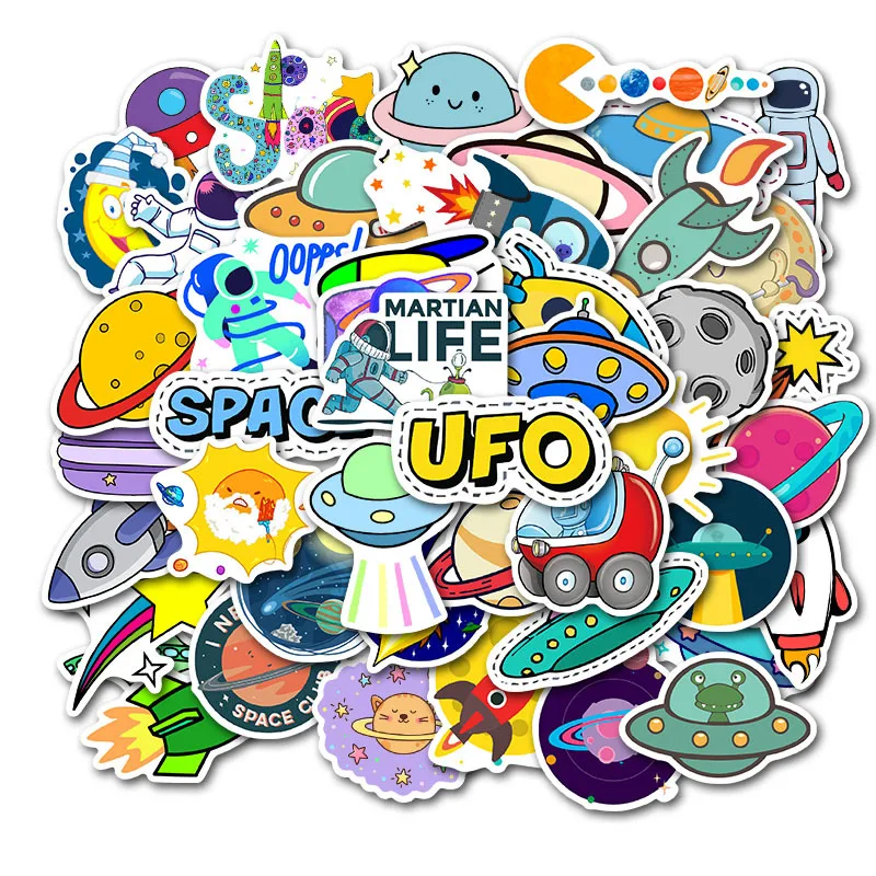 

50 PCS UFO Alien Astronaut Outer Space Sticker Rocket Cartoon Skateboard Laptop Graffiti Sticker Waterproof Computer Sticker