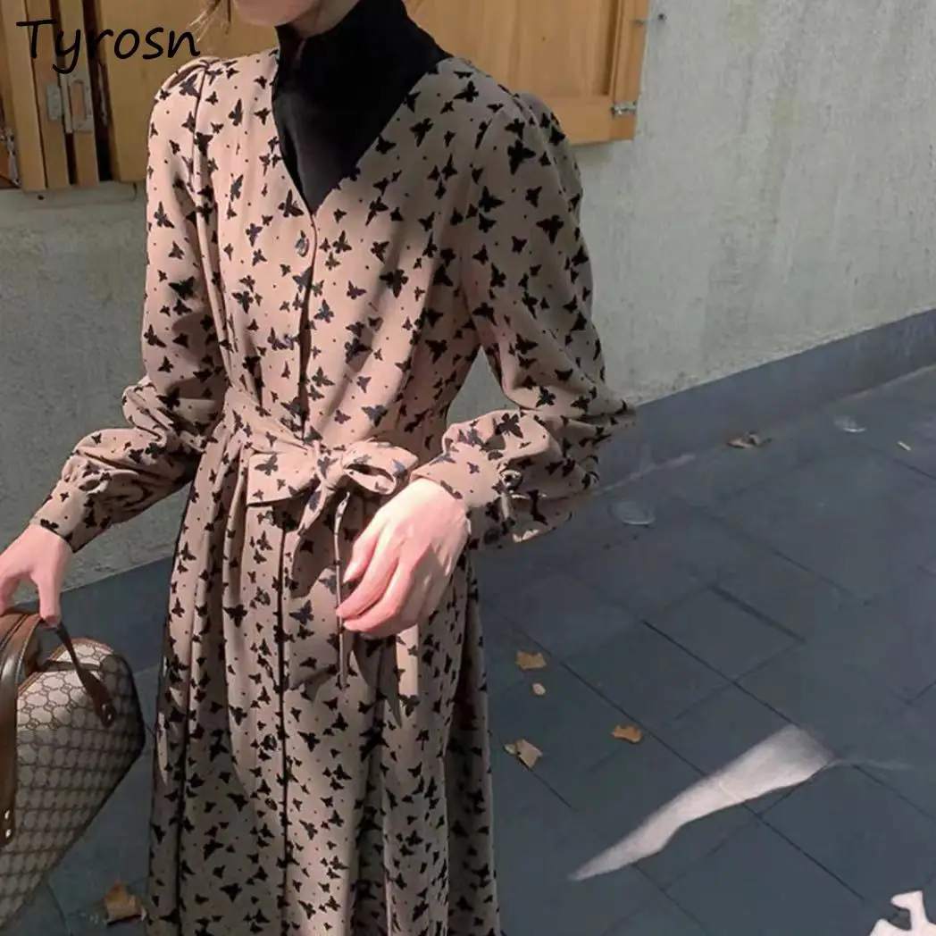 

Dresses Women V-neck Lace Up Tunic Chic Casual Butterfly Printed Loose Elegant Retro Vintage Long Dresses Mujer Long Sleeve New