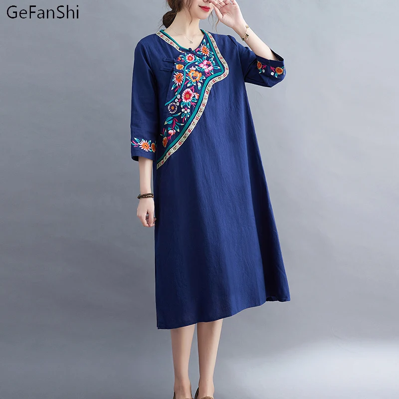 

New 2022 Women Dress Autumn Winter Casual Vintage Embroidery Floral Elegant Ladies Female A-line Loose Long Dress Robe