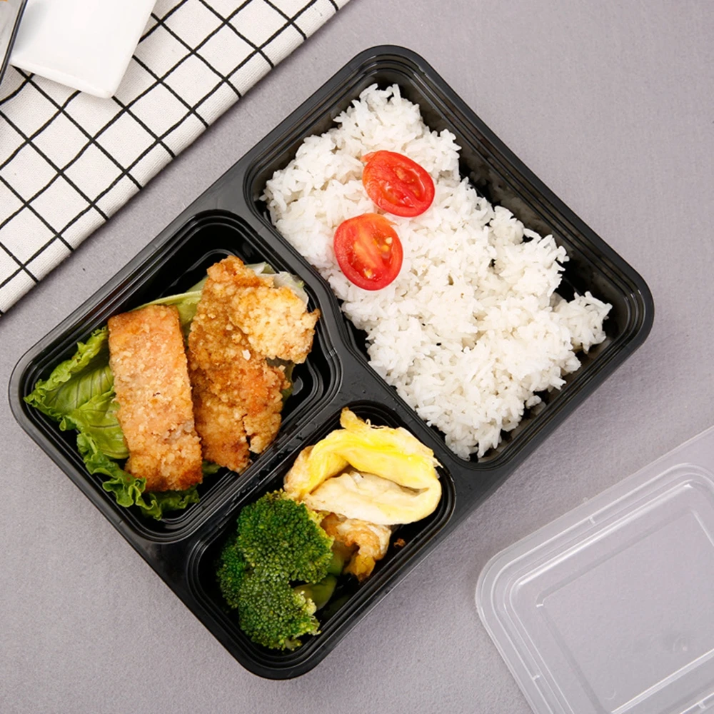 

15 Reusable Lunch Boxes American Black Thickened Lunch Box Plastic Packaging 3 Grid Microwave Container Household Lunch Box