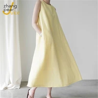 a line dress women sleeveless summer yellow loose o neck casual dresses female solid cotton linen long dress