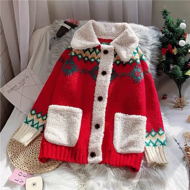 Красный Рождественский свитер кардиган женский утепленный осень зима 2020 НОВЫЙ