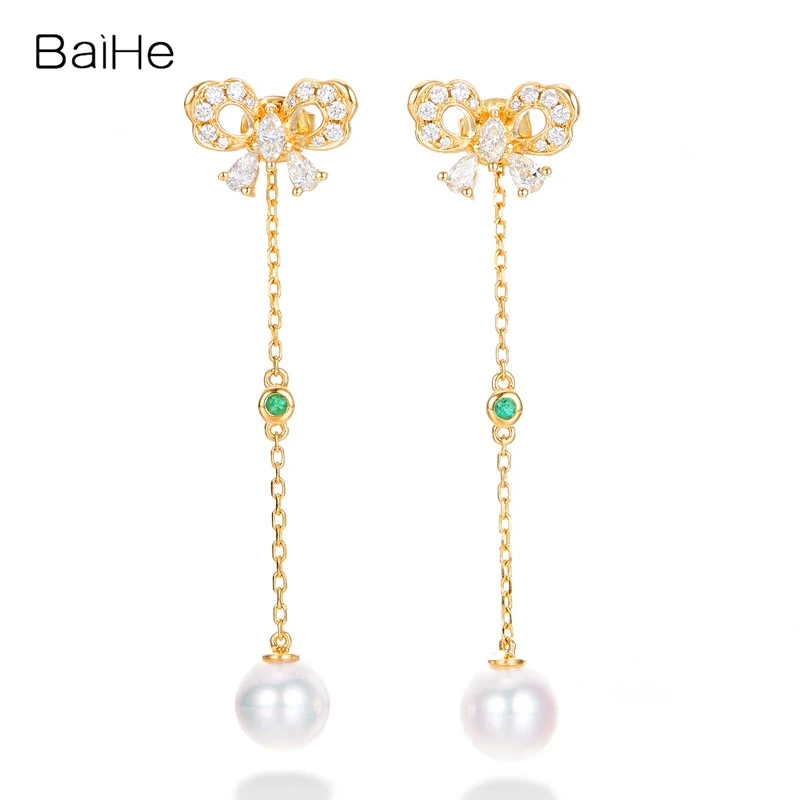 

BAIHE Solid 18K Yellow Gold H/SI Natural Diamond Emerald Freshwater Pearl Butterfly Stud Earrings Fine Jewelry Brincos borboleta