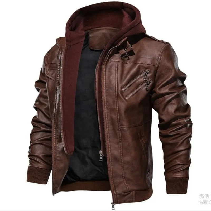 

High Quality Men's Leather Jacket Men Motorcycle Removable Hood Winter Coat Men Warm Genuine European Size Pu Leather Jacket