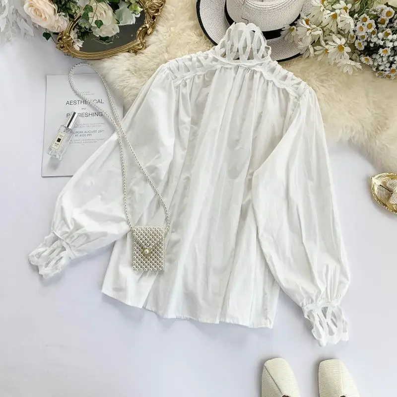 Women Autumn Blouse Shirts Tops 2019 sense small crowd hollow vertical collar lantern sleeve white super-fairy temperament top | Женская