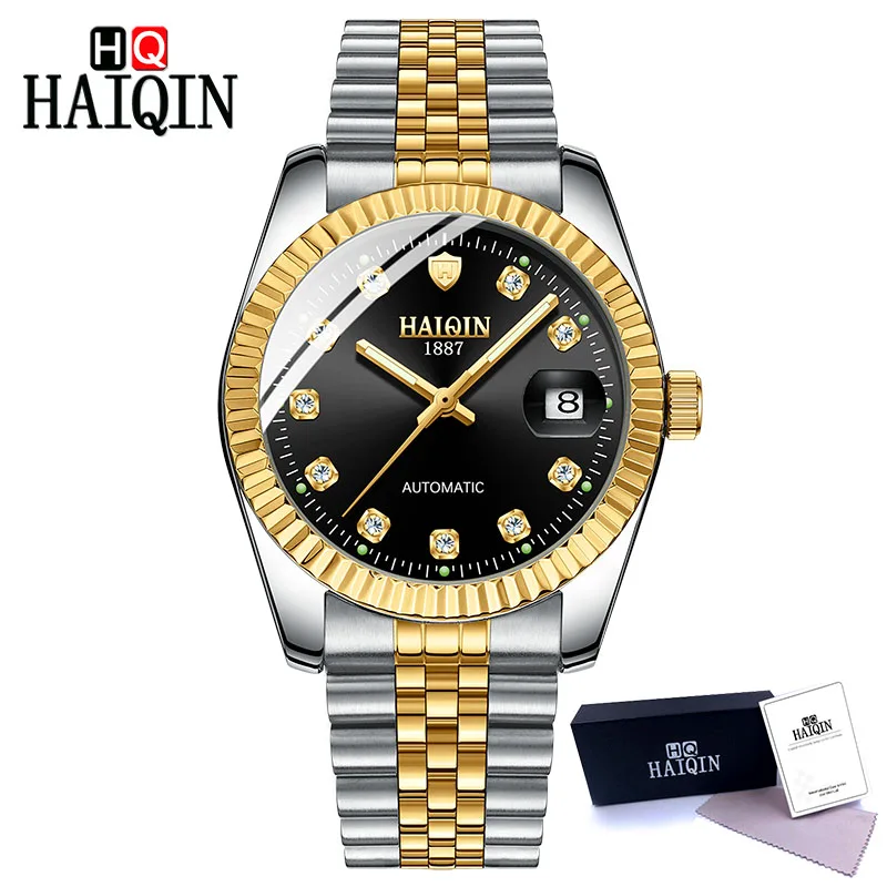 Gold-black HAIQIN, мужские часы, автоматические механические, для улицы, спортивные часы, мужские, стальные, военные, водонепроницаемые, Rolexable, наручные часы, Relogio Masculino - Цвет: Gold-black