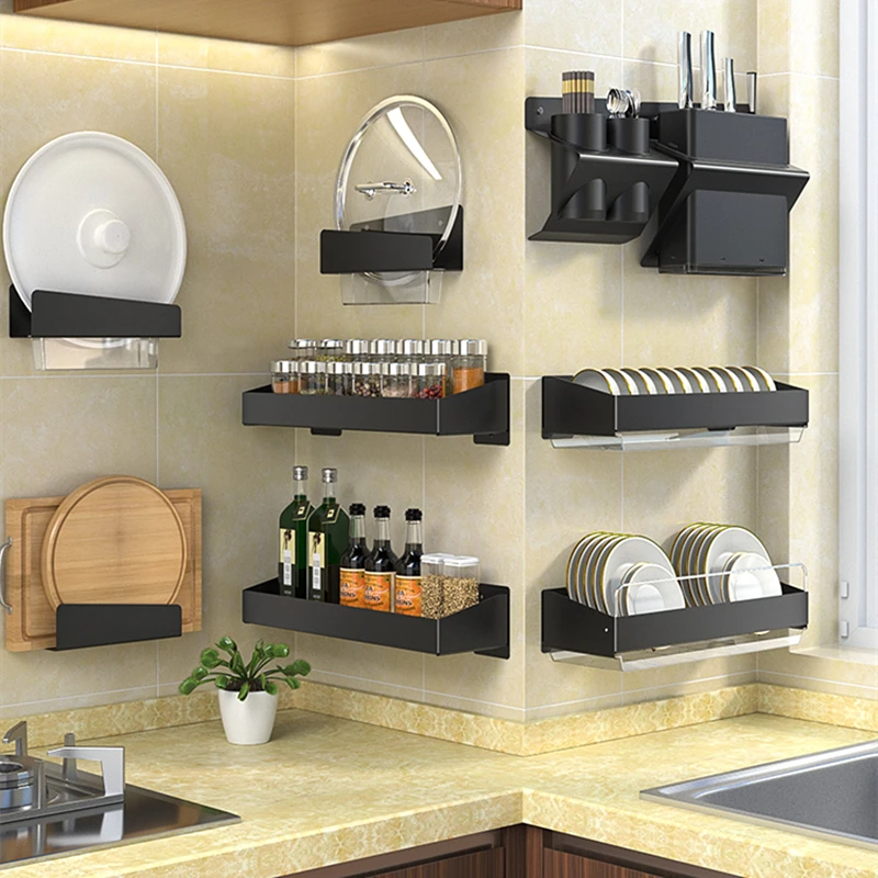

Black Kitchen Wall Mounted Storage Rack for Spice Dish and Bowls Drying Drainer Hanging Hooks Knives Holder Cutlery Organizer