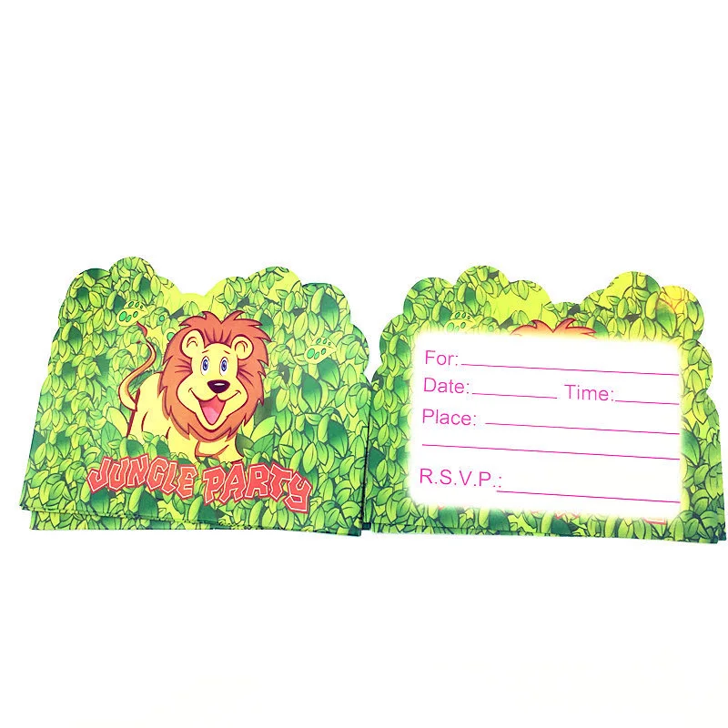 invitation card 10pc Новые прекрасные джунгли животные тарелки для вечеринки салфетки чашки попкорн коробка Лев вечерние флаг посуда для детского дня рождения вечерние поставки - Цвет: invitation card 10pc