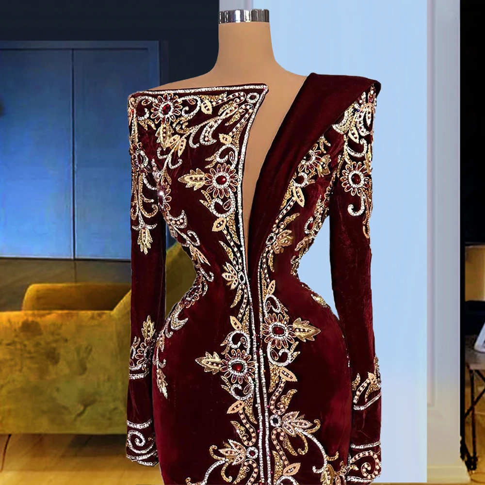 

Long Burgundy Muslim Evening Dresses vestido de fiesta de boda 2021 Rhinestones Embroidery