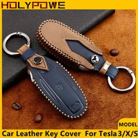 for tesla model 3 s x real leather key case new card keychain special purpose car interior accessories carabiner bag for keys