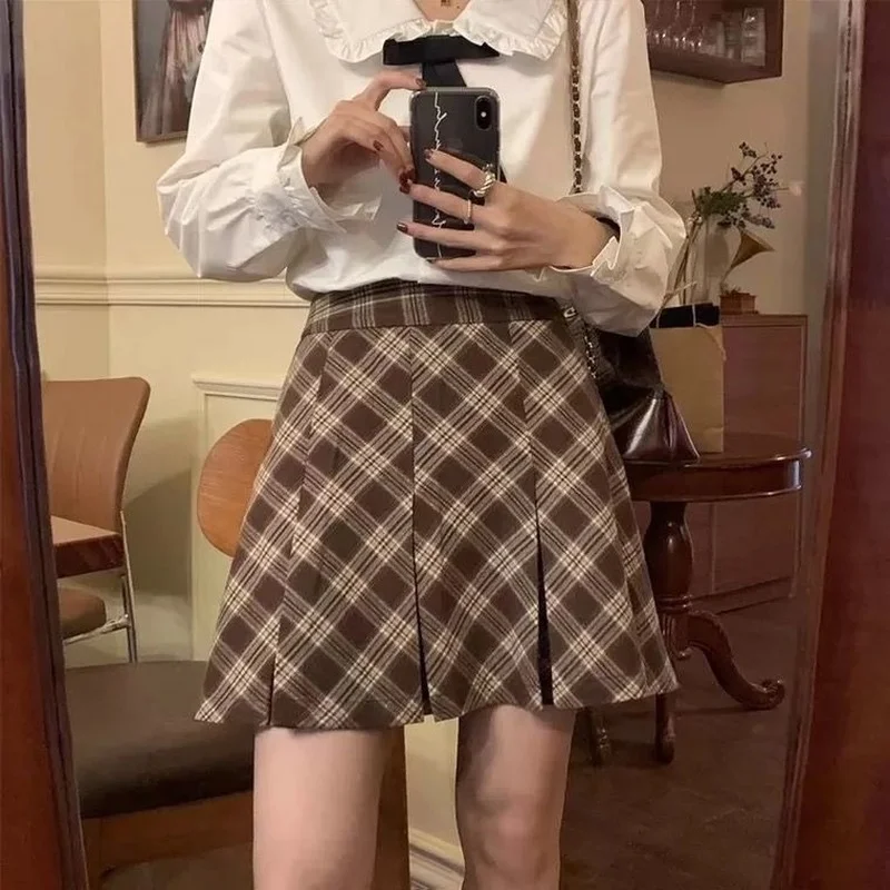 

HOUZHOU Vintage Preppy Style Pleated Plaid Skirt Women Autumn Korean Style Kawaii High Waisted A-line Mini Skirts Girls Casual