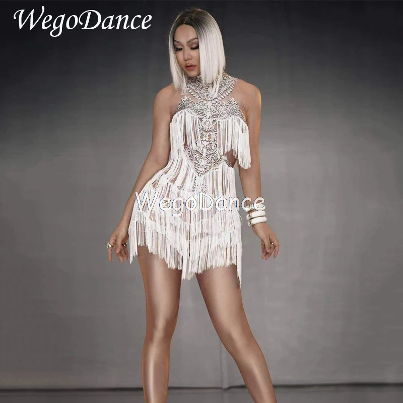 Новинка белое платье с бахромой и стразами танцевальный костюм для женщин
