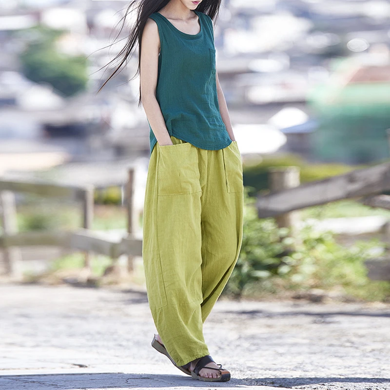 Широкие брюки шаровары из хлопка и льна с эластичным поясом|wide leg pants|loose harem pantsleg