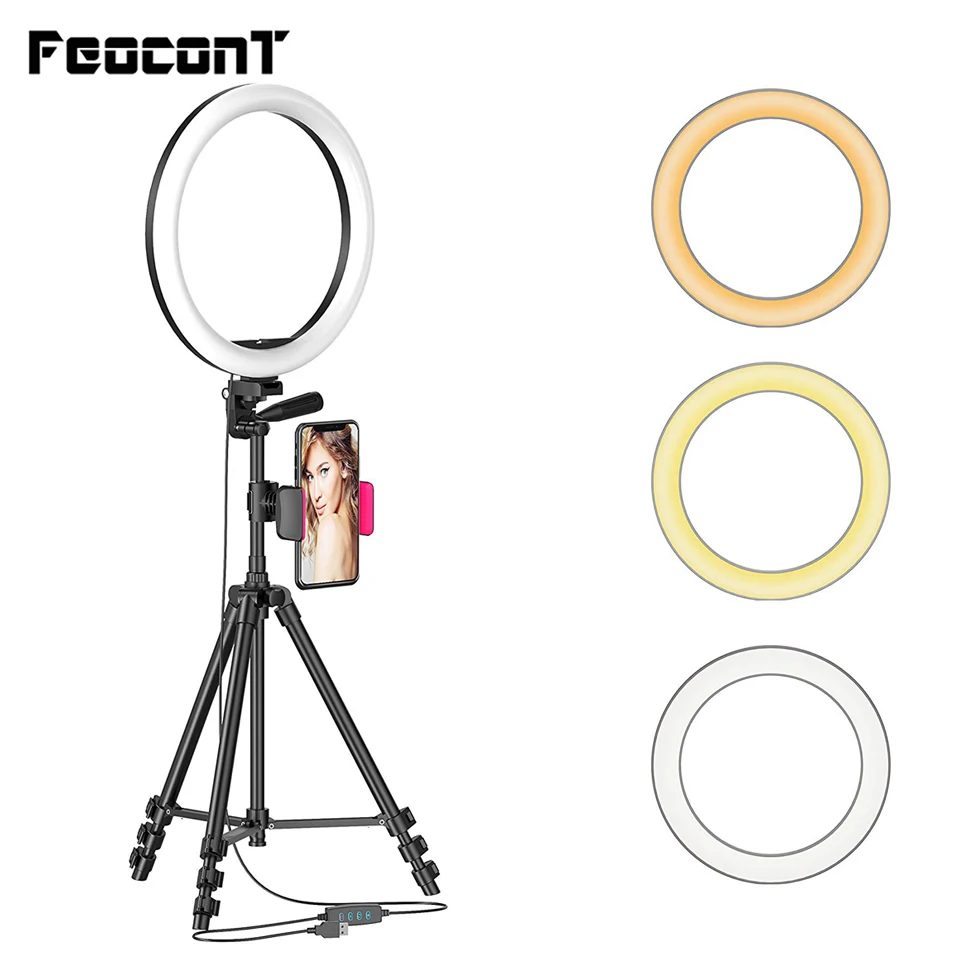 Кольцевой светильник для селфи лампа со штативом и держателем мобильного