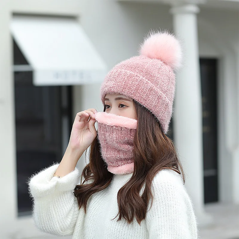Hat Scarf Set Winter Women Plus Velvet Thick Warm Outdoor Sport Chenille Knit Hat And Scarf Korean Female Beanies Caps F24810AD