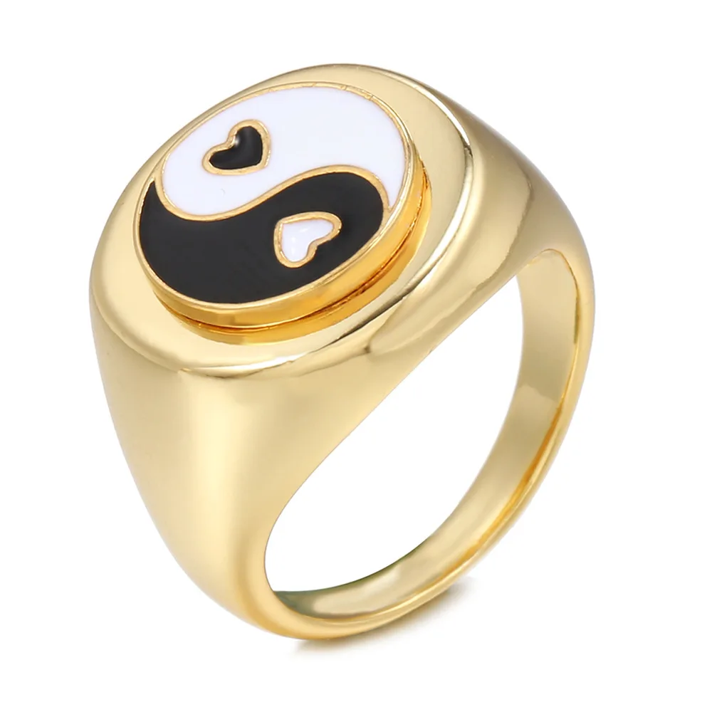

Euro-hot Style Black and White Tai Chi Ring 18K Gold Color Jewelry Yin and Yang Bagua Multi-color Ring Jewelry
