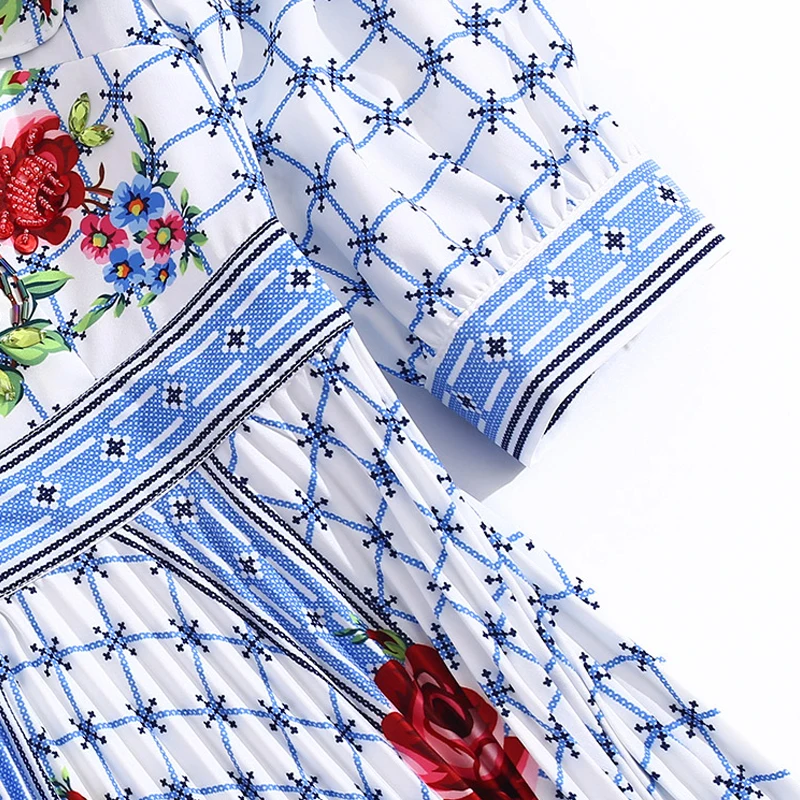 

AELESEEN 2021 Spring Summer Dress Women Runway New Lace Ruffles Flower Plaid Print Beading Long Pleated Blue Beach Dress