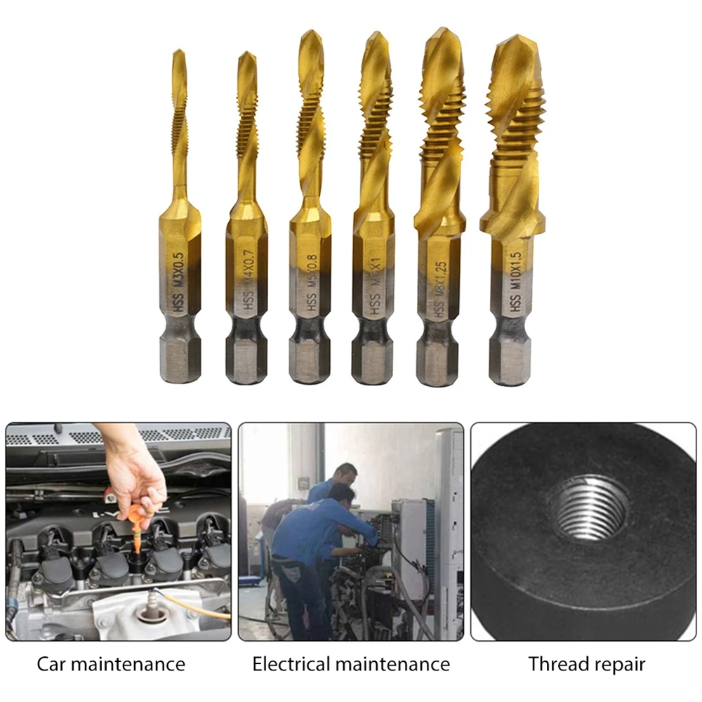 

6pcs M3-M10 Hex Shank Titanium Plated HSS Screw Thread Metric Tap Drill Bit for Soft Metal Aluminum Plate