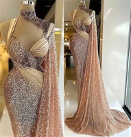 champagne mermaid sparkly prom dresses sequined high neck evening dress formal party gown with wrap elegant robe de soir%c3%a9e