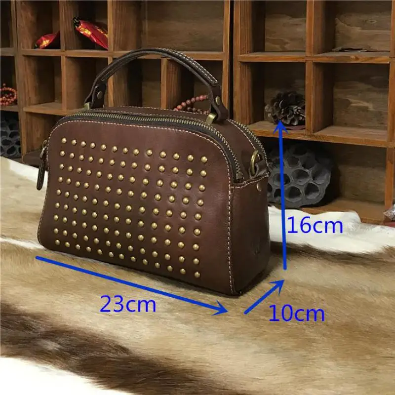 

Bestform 2020 New Vintage Rivet Women Bag First Layer Cow Leather Solid Color Handbag Casual Tote Simple Shouler Messenger Bags