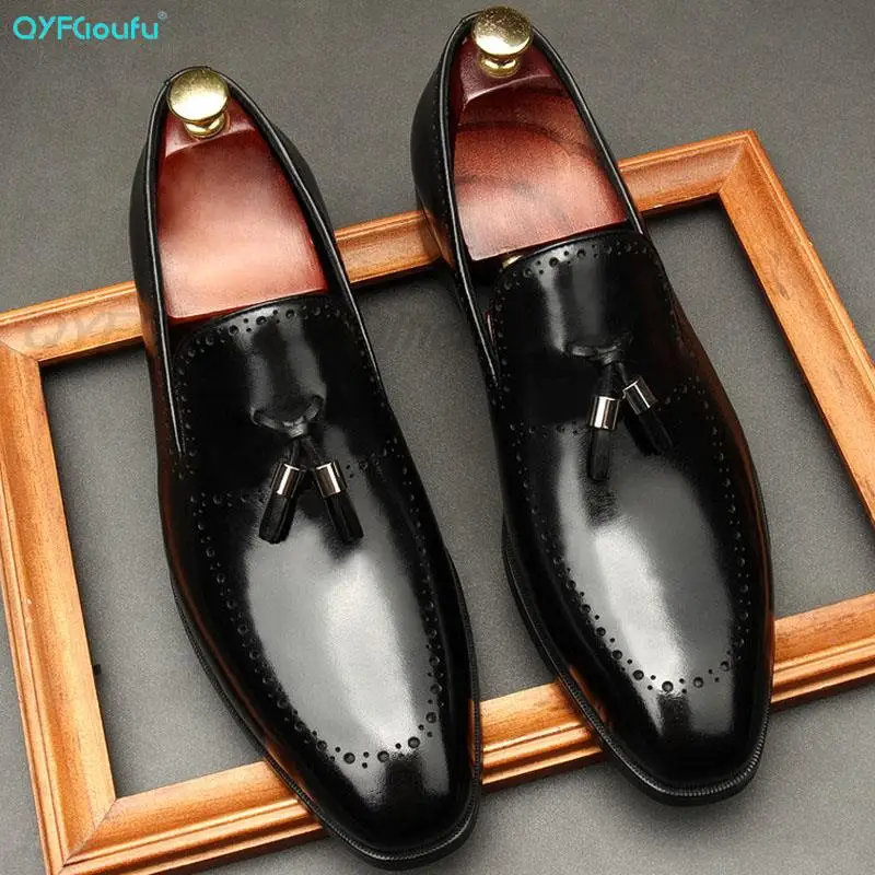 

QYFCIOUFU 2020 Tassel Men Dress Shoes Gentleman Brogue Style Paty Leather Wedding Shoes Men Flats Leather Oxfords Formal Shoes