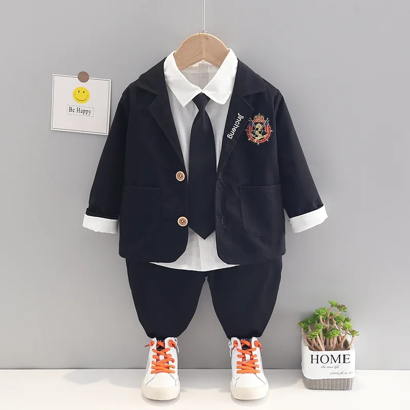 

Boys 3pcs Clothes Suits Spring Autumn Children's Cotton Coats Tie Shirts Pants Wedding Sets For Baby Kids Birthday Party Outfits