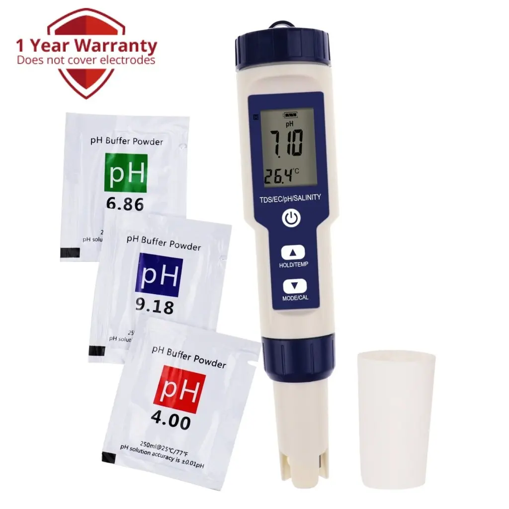 

Pentype Multi-Paramater 5-in-1 Water Quality Tester pH/TDS/EC/Temp/Salinity Waterproof Digital Meter for Aquarium Analysis