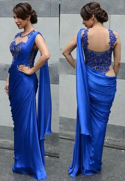 

Applique Saree Dress Evening Dresses O-Neck Sleeveless Mermaid Floor Length Sheer Backless Pleats Evening Gowns Royal Blue L339