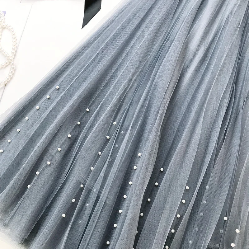 

Beading Pearl Mesh Skirt Women Sweet Pure Black White Pink Skirts Kawaii A Line High Waist Long Skirts Summer Autumn Skirt Falda