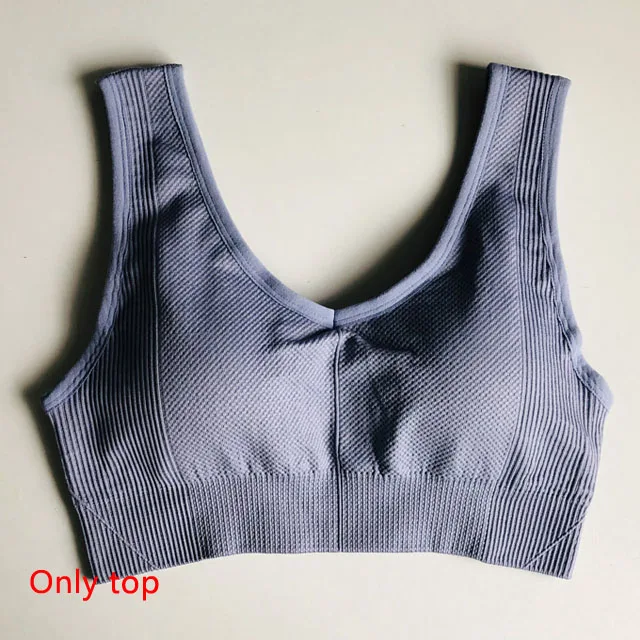 Gray blue top Комплект из 2 предметов, бесшовный комплект для йоги, женская одежда для спортзала фитнеса, леггинсы с высокой талией, спортивный бюстгальтер, спортивная одежда для бега - Цвет: Gray blue top