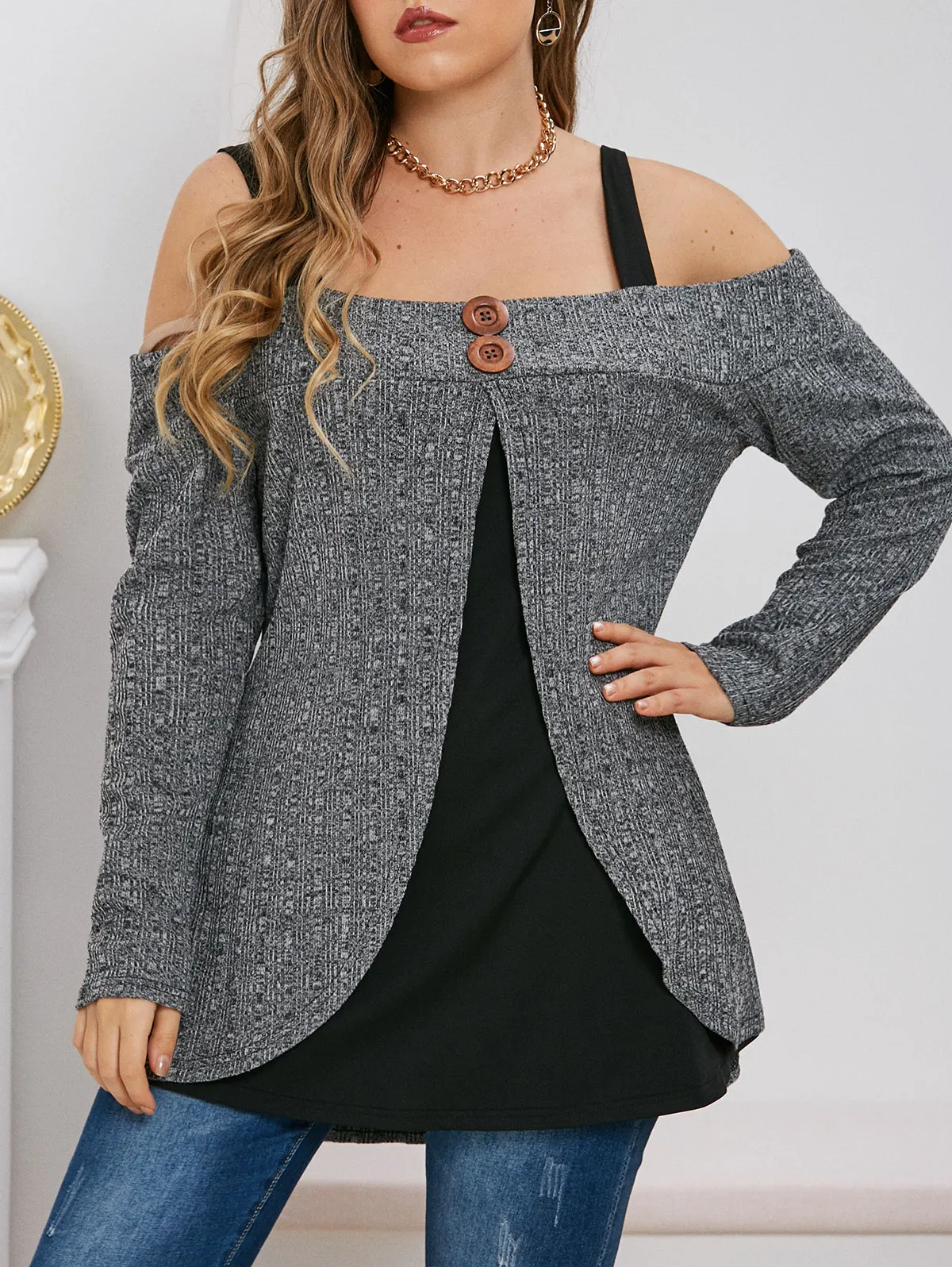 

Ribbed Heathered Buttons Open Shoulder Top