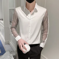 autumn new fashion hollow lace spliced long sleeve shirt men clothing slim fit casual clubpromstreetwear tuxedo chemise homme