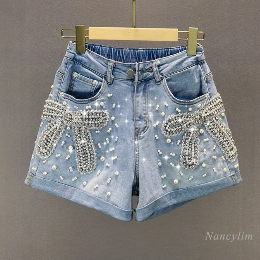 

Exquisite Rhinestone Beaded Denim Shorts Women's 2021 Summer New High Waist Loose and Slimming Hot Pants Jeans