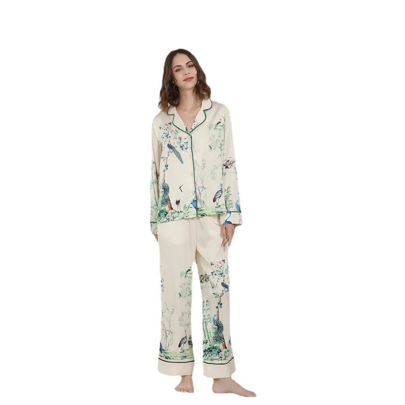 Maison Gabrielle Chinoirie Floral and Bird Printed Pajamas Set Loungewear Sleepwear for Women 2 Pieces Long Sleeve Silk Satin