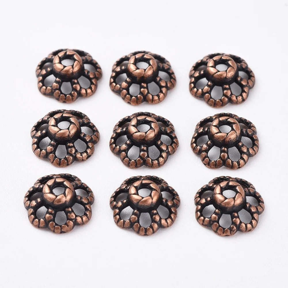 

100pc Tibetan Style Fancy Bead Caps Zinc Alloy Lead Free Cadmium Free Flower Red Copper Color 9mm in diameter 4mm thick hole:1mm