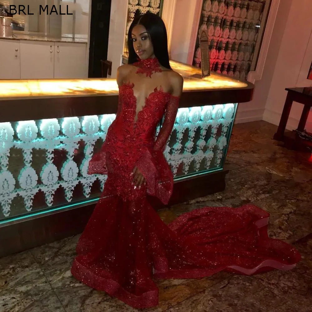 

2020 Sexy Red Sequined Long Sleeves Mermaid African Prom Dresses Lace Appliques Formal Evening Dresses Cheap Party Gala Gowns