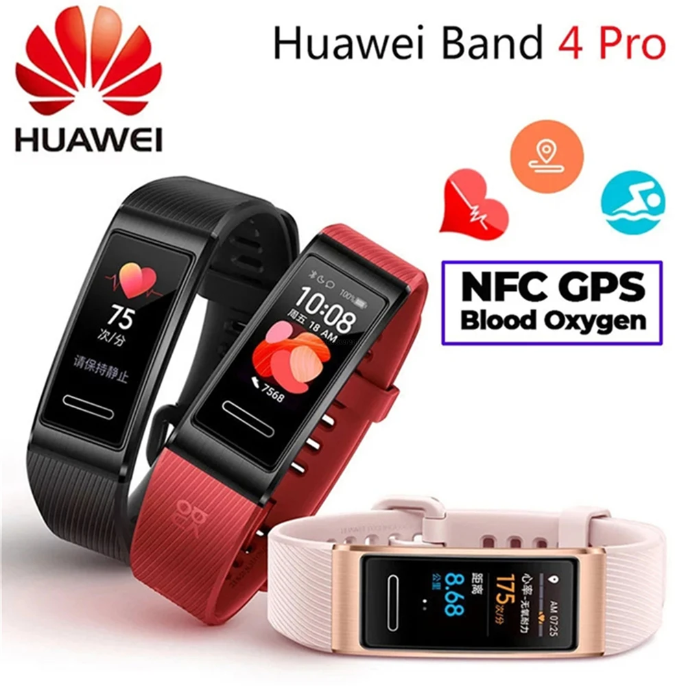 

90% New Huawei Band 4 Pro GPS Amoled 0.95' Full Color Touchscreen Waterproof Metal Swim Heart Rate Sensor Sleep Bracelet