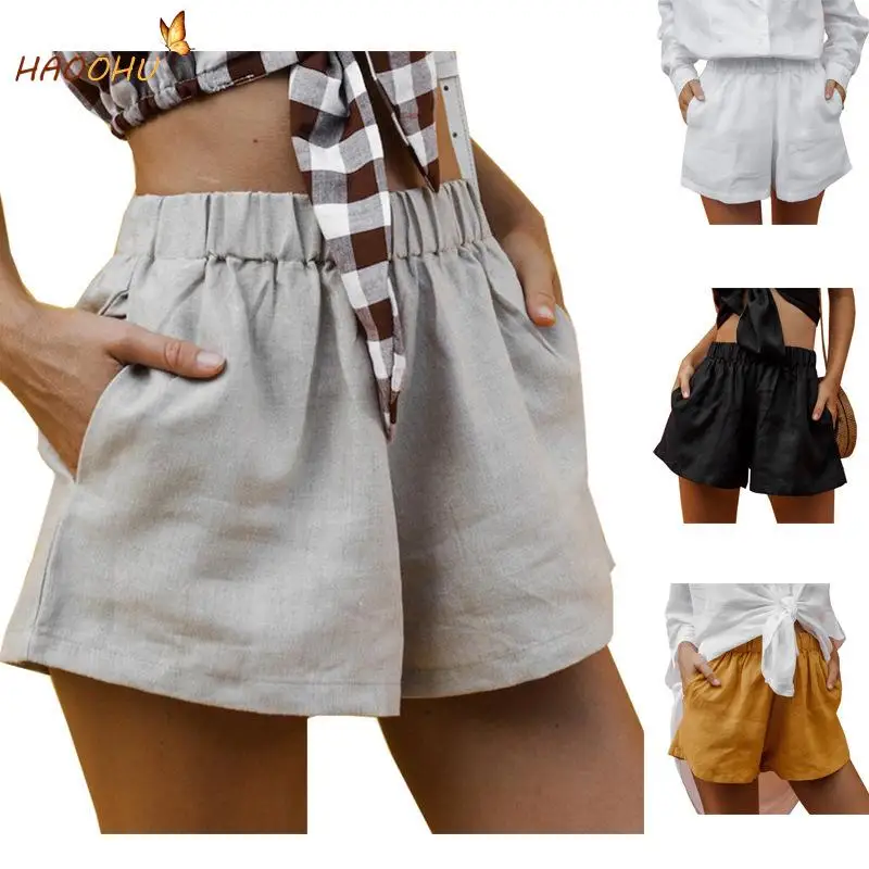 

Streetwear Elastic Waist High Street 2021 Casual Beach Loose Solid Color Wide Leg Cotton Linen Shorts Woman Clothes Urban