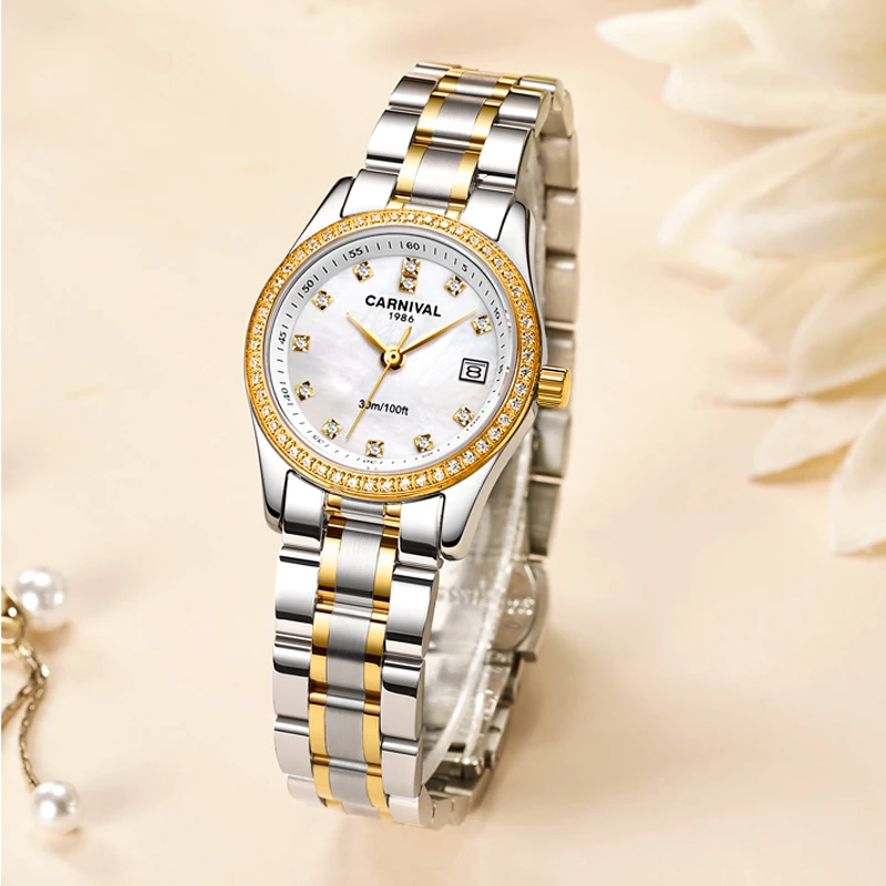 CARNIVAL Brand Women Fashion Gold Silver Wrist Watch Ladies Luxury Waterproof Calendar Casual Quartz Wristwatch Relogio Feminino