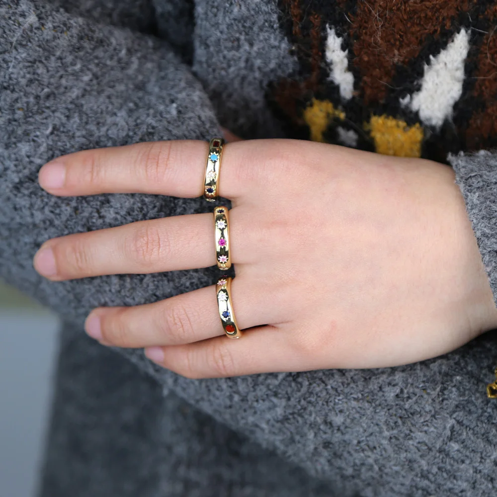

Classic vintage gold colorful stone band ring rainbow geometric stone inset simple stacking band finger rings