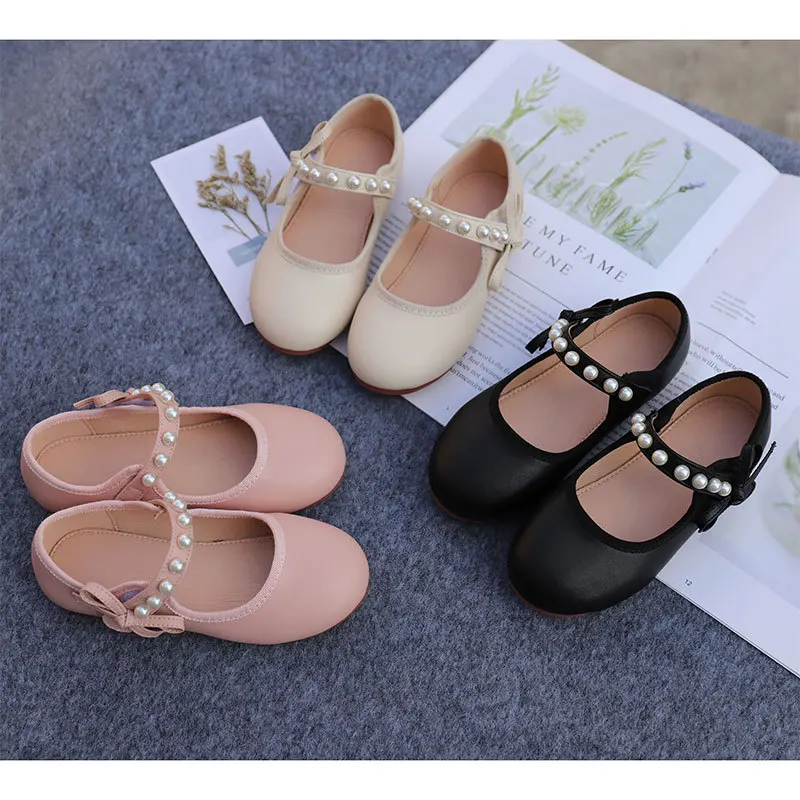 

Kids Shoes 2021 Spring Girls School Shoes Black Pink Children Fashion Pearl Bow Flats Toddler Princess Shoes princess shoes