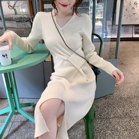 winter elegant knitted dress women casual long sleeve v neck office sweater dress female 2020 sexy slim one piece dress korean