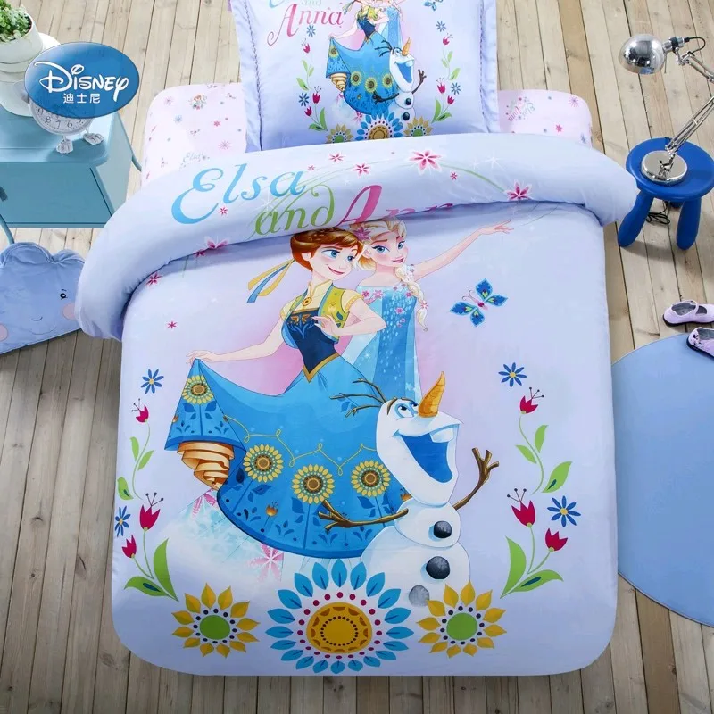 Disney Blue Elsa and Princess Anna Printed Bedding Set Children Bedroom Decorative Quilt Cover Pillowcase Bedsheet Home Textile