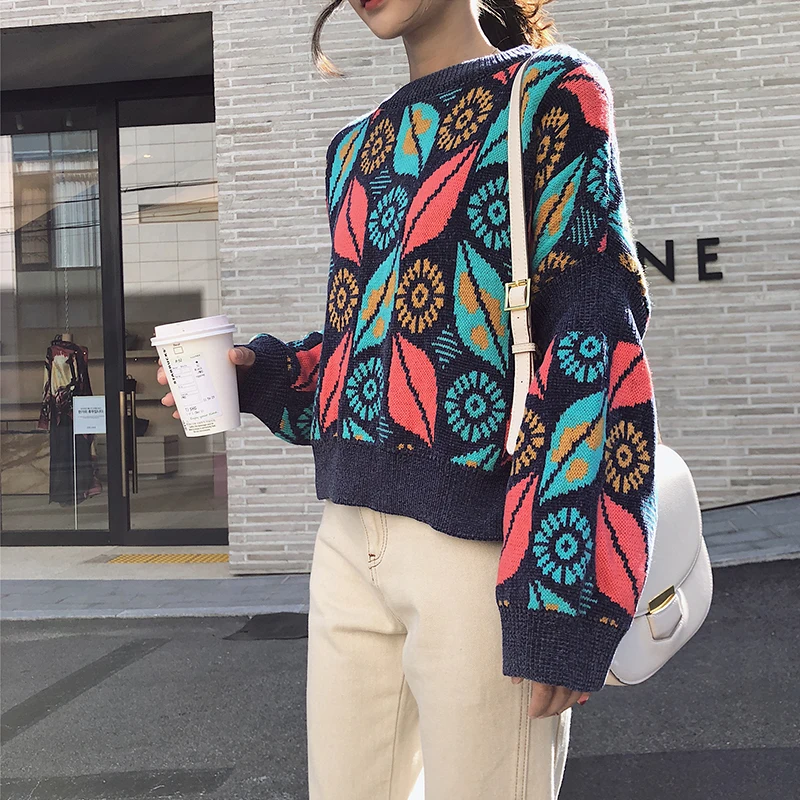 KINOMI Women's Pullover Sweaters Autumn Winter Vintage Leaf Printed O-Neck Long Sleeve Loose Sweater Top 2019 New Blue Christmas | Женская