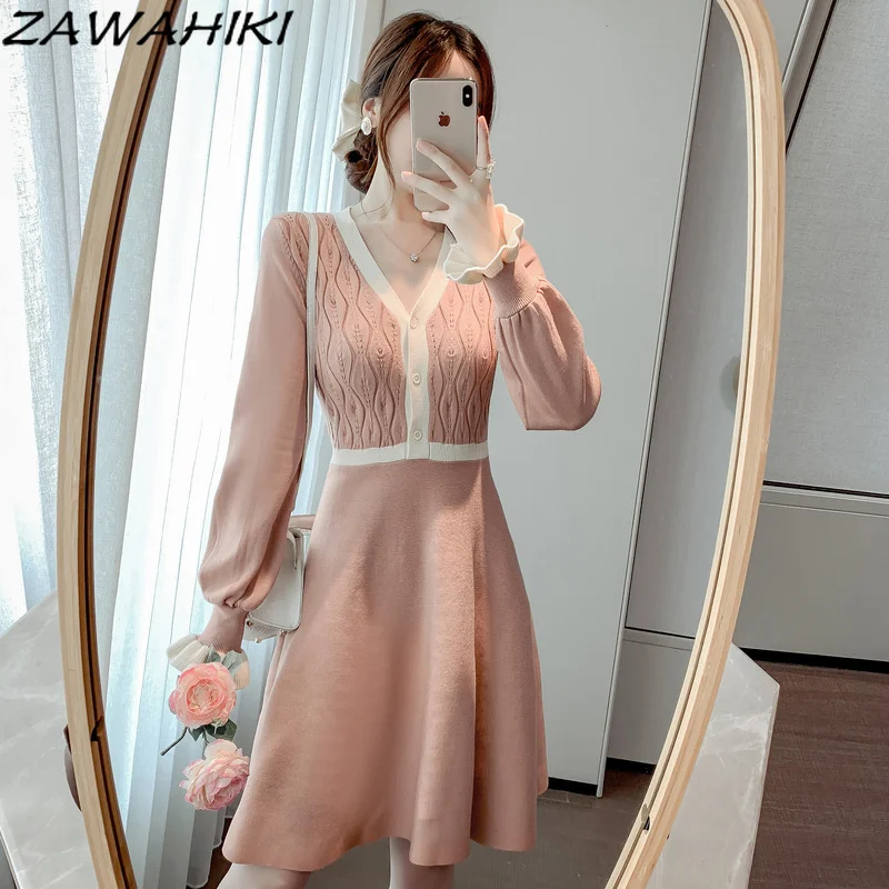 

Zawhiki Ropa Mujer милые мини платья с длинным рукавом модные элегантные платья с высокой талией винтажные с V-образным вырезом 2021 Новая тонкая женс...