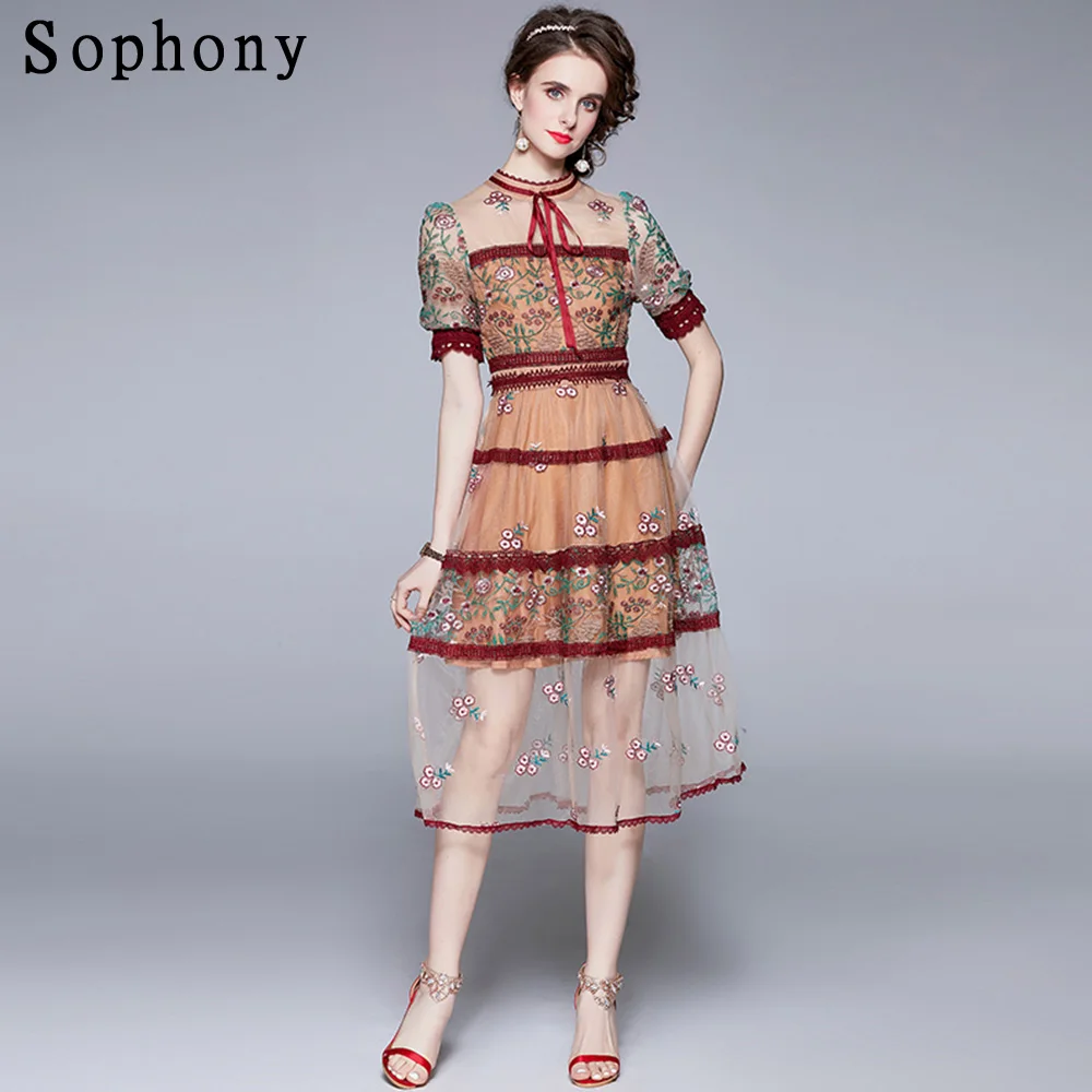 

Fashion Summer Floral Embroidered Tulle Female Dress Sweet Elegant Puff Sleeve Ribbon Bow Lace Up A-line Lace Mesh Vestidos