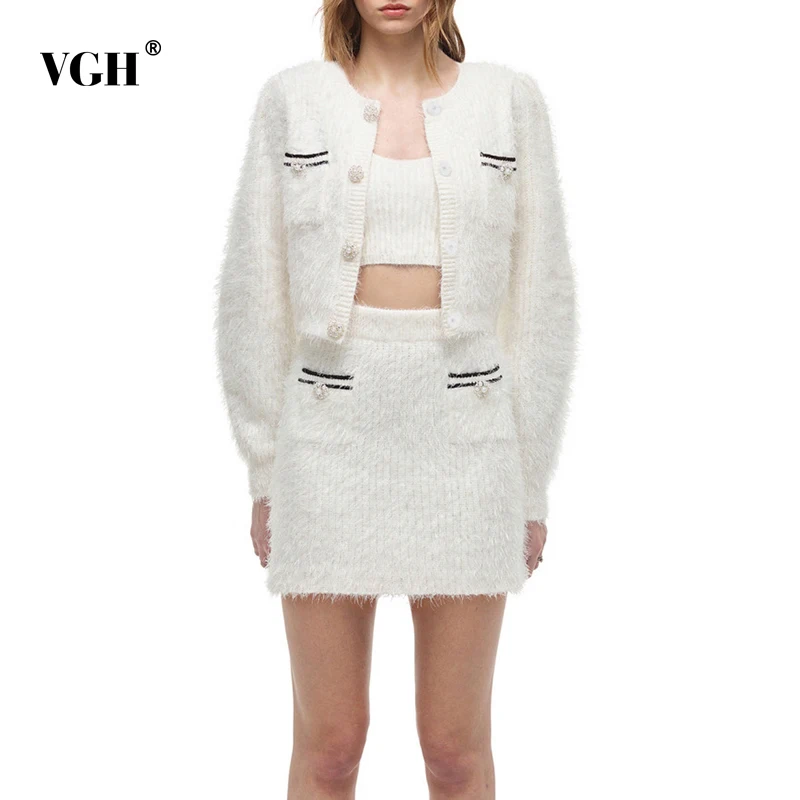 

Женский Повседневный костюм-тройка VGH, Кардиган с длинным рукавом и V-образным вырезом, жилет с квадратным вырезом и юбка с высокой талией, 2021