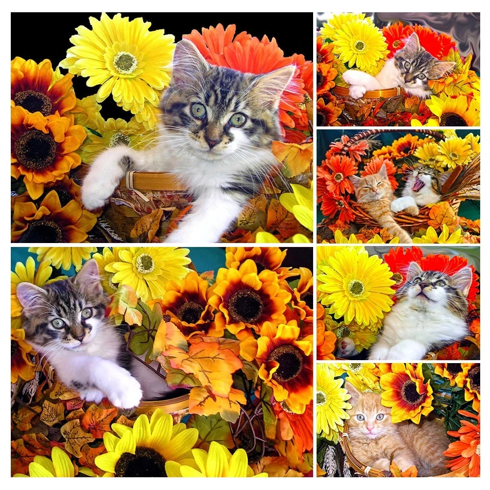 

5D DIY Diamond Painting Cat and Flower Full Round Square Animal Diamond Embroidery Mosaic Flowers Rhinestone Home Decor Gift